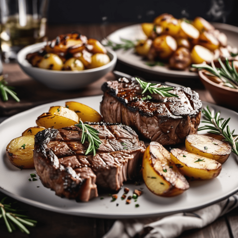 Ein Teller mit Ribeye-Steaks vom Grill mit Kartoffelspalten als Beilage.