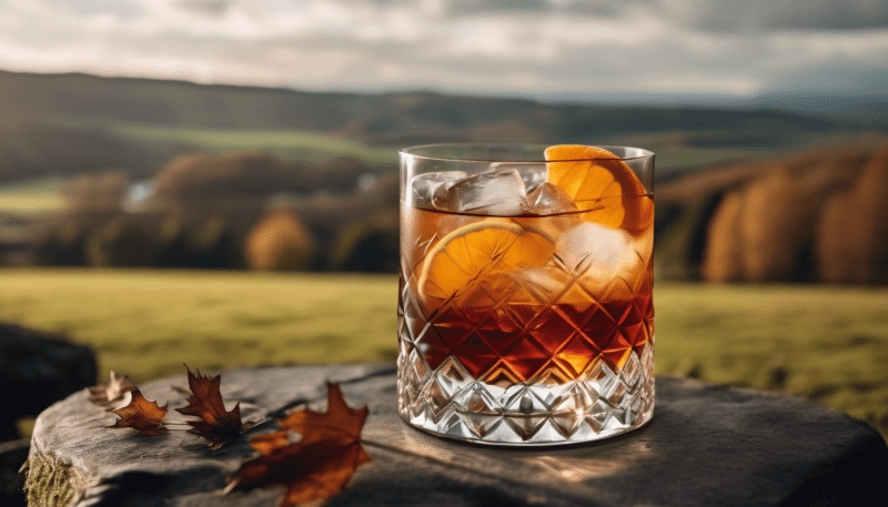 Ein Glas mit dem Cocktail Smoky Maple Old Fashioned im Hintergrund sieht man die Landschaft der Insel Islay.