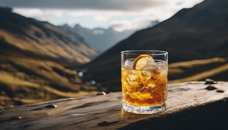 Ein Glas Macallan Ginger Highball Cocktail im Hintergrund ist eine schottische Hügellandschaft