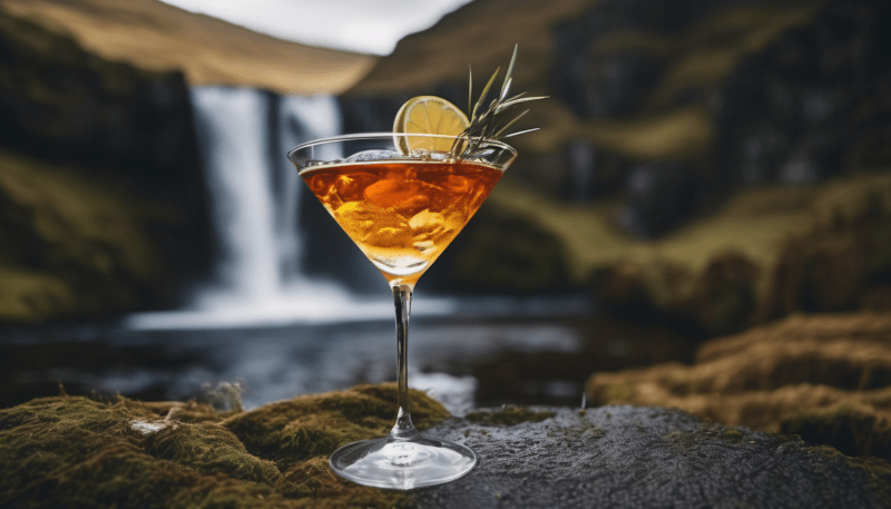 Ein Martini Glas mit Sherry Cask Martini vor einem Wasserfall in Schottland.