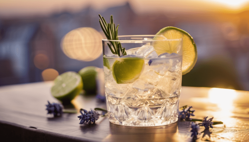 Ein Glas mit dem Cocktail OMG Gin Tonic, garniert mit Lavendel und Limettenscheiben. Im Hintergrund geht die Sonne unter.