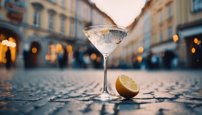 Ein Martini-Glas mit dem Cocktail OMG Martini in den Straßen von Prag.