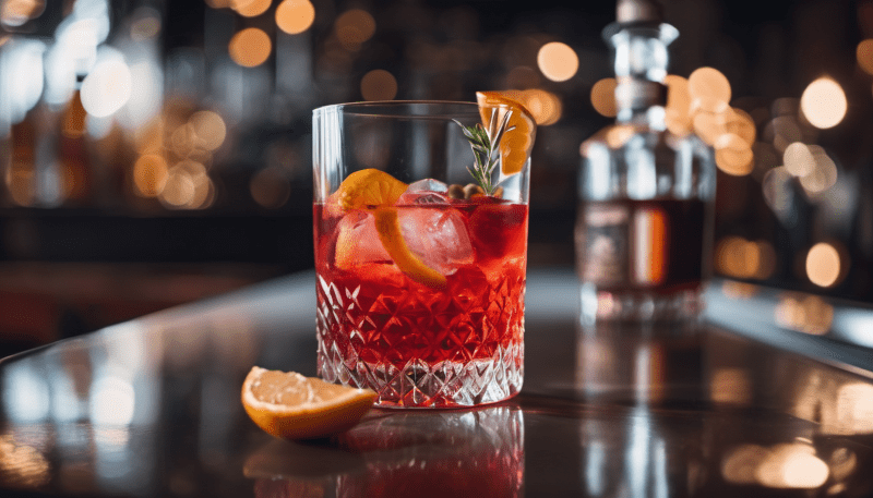 Ein Glas mit dem OMG Negroni Cocktail in einer Bar.