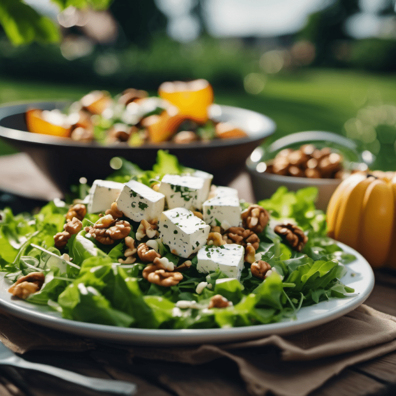 Ein Teller Salat mit Rucola und Schafskäse, garniert mit Walnüssen.