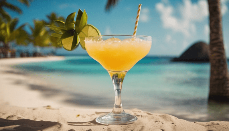 Ein Glas Zacapa Daiquiri steht an einem Strand, garniert mit Limettenscheiben und einem Strohhalm. Der Hintergrund ist tropisch mit Palmen und Meer.