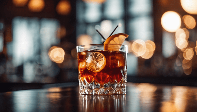 Ein Glas Zacapa Manhattan steht in einer Bar garniert mit Orangenscheiben.