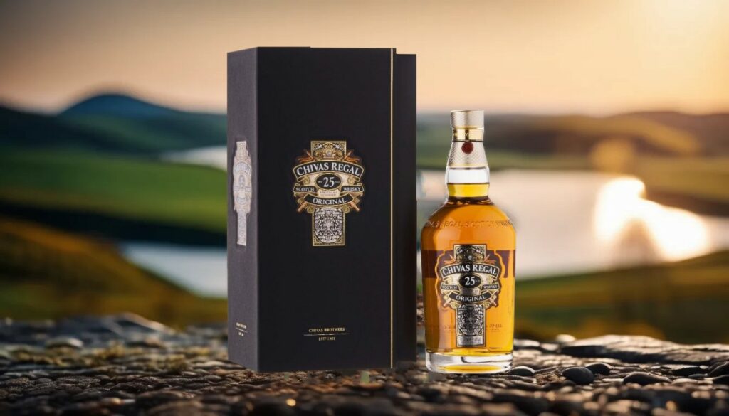 Eine Flasche Chivas Regal 25 Year Old mit Geschenkverpackung.