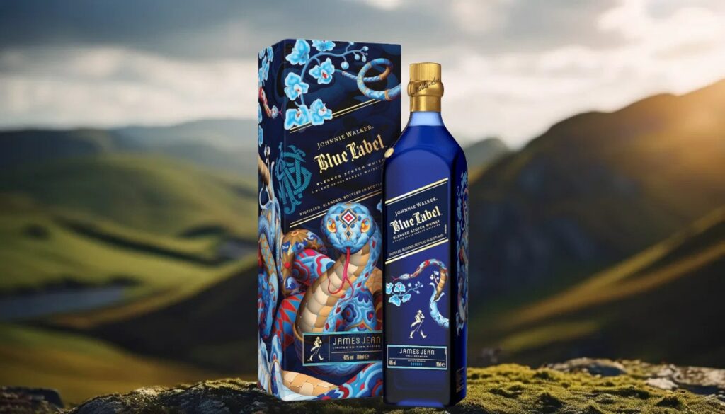 Eine Flasche Johnnie Walker Blue Label Chinese New Year of the Snake mit Geschenkverpackung.