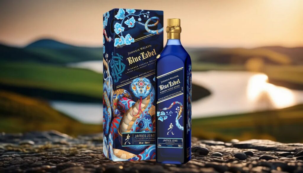 Eine Flasche Johnnie Walker Blue Label Chinese New Year of the Snake mit Geschenkverpackung.