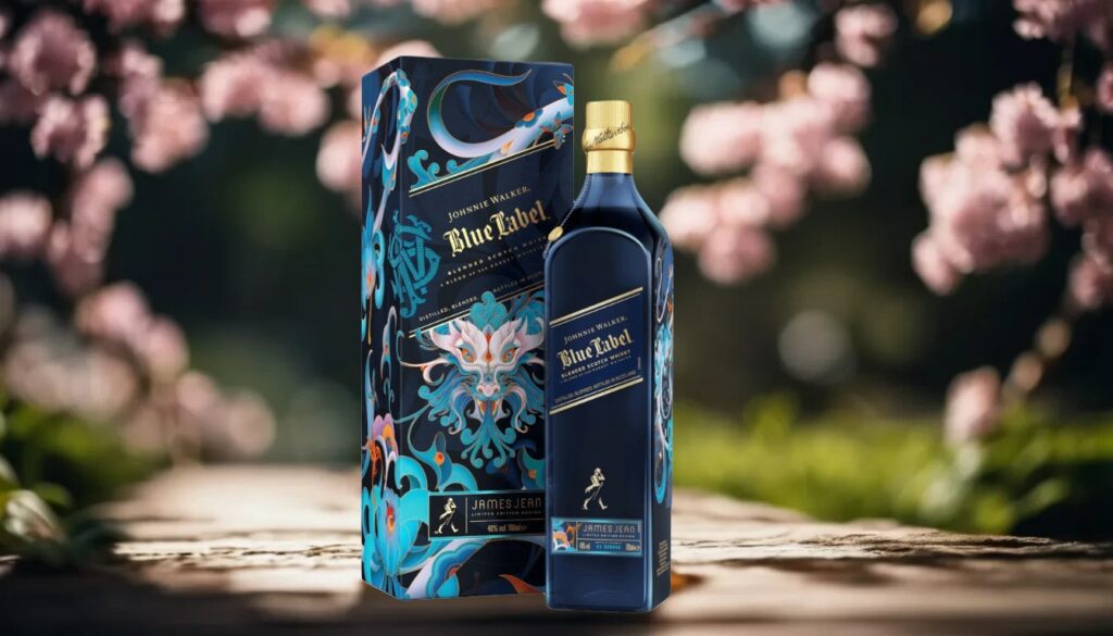 Eine Flasche Johnnie Walker Blue Label Chinese New Year of the Dragon mit Geschenkverpackung.