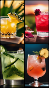 Vier verschiedene Cocktails mit Mezcal und Tequila.